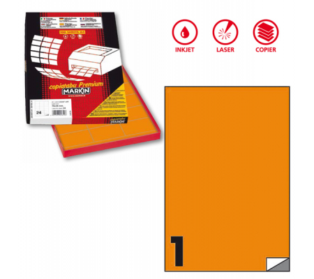 Etichetta adesiva C503 - permanente - 210 x 297 mm - 1 etichetta per foglio - arancio fluo - scatola 100 fogli A4 - Markin - X210C503F-AR - 8007047051011 - DMwebShop