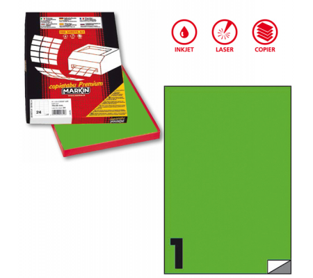 Etichetta adesiva C503 - permanente - 210 x 297 mm - 1 etichetta per foglio - verde fluo - scatola 100 fogli A4 - Markin - X210C503F-VE - 8007047051028 - DMwebShop