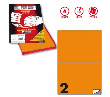 Etichetta adesiva C509 - permanente - 210 x 148,5 mm - 2 etichette per foglio - arancio fluo - scatola 100 fogli A4 - Markin - X210C509F-AR - 8007047051066 - DMwebShop