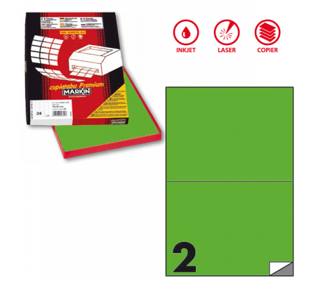 Etichetta adesiva C509 - permanente - 210 x 148,5 mm - 2 etichette per foglio - verde fluo - scatola 100 fogli A4 - Markin - X210C509F-VE - 8007047051059 - DMwebShop