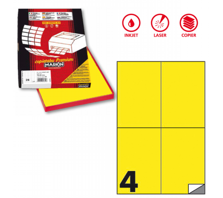 Etichetta adesiva C519 - permanente - 105 x 148,5 mm - 4 etichette per foglio - giallo fluo - scatola 100 fogli A4 - Markin - X210C519F-GI - 8007047051127 - DMwebShop