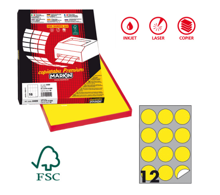 Etichetta adesiva R310 - permanente - tonda Ø 60 mm - 12 etichette per foglio - giallo fluo - scatola 100 fogli A4 - Markin - X210R310F-GI - 8007047051165 - DMwebShop