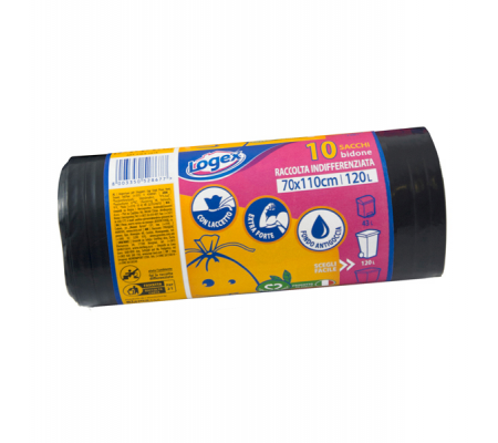 Sacchi per immondizia - 70 x 110 cm - 120 lt - 43 micron - nero rotolo da 10 sacchetti - Logex Professional - C4LX-1918 - 8003350528677 - DMwebShop