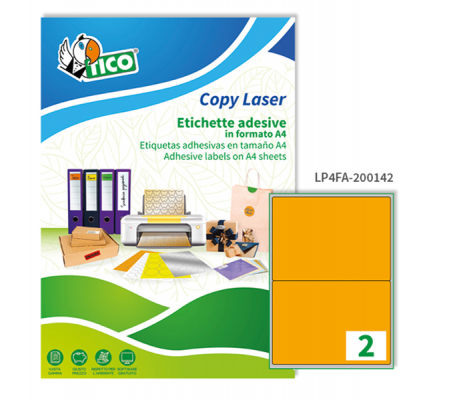 Etichetta adesiva LP4F - carta - permanente - 200 x 142 mm - 2 etichette per foglio - arancio fluo - conf. 70 fogli A4 - Tico - LP4FA-200142 - 8007827270571 - DMwebShop