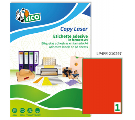 Etichetta adesiva LP4F - permanente - 210 x 297 mm - 1 etichetta per foglio - rosso fluo - conf. 70 fogli A4 - Tico - LP4FR-210297 - 8007827270236 - DMwebShop