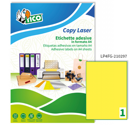 Etichetta adesiva LP4F - permanente - 210 x 297 mm - 1 etichetta per foglio - giallo fluo - conf. 70 fogli A4 - Tico - LP4FG-210297 - 8007827270212 - DMwebShop