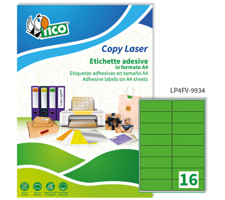 Etichetta adesiva LP4F - permanente - 99,1 x 34 mm - angoli tondi - 16 etichette per foglio - verde fluo - conf. 70 fogli A4 - Tico - LP4FV-9934 - 8007827270106 - DMwebShop