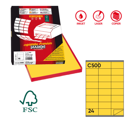 Etichetta adesiva C500 - permanente - 70 x 36 mm - 24 etichette per foglio - giallo - scatola 100 fogli A4 - Markin - 210C500GI - 8007047021625 - DMwebShop
