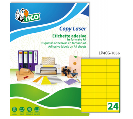 Etichetta adesiva LP4C - in carta - permanente - 70 x 36 mm - 24 etichette per foglio - giallo opaco - conf. 70 fogli A4 - Tico - LP4CG-7036 - 8007827192293 - DMwebShop