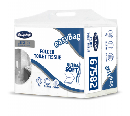 Carta igienica interfogliata EasyBag - 15,5 gr - strappo 11 x 19 cm - pacco da 250 strappi - conf. 24 pezzi - Bulkysoft - 67582 - 8018426675827 - DMwebShop