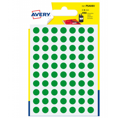 Etichetta adesiva tonda PSA - permanente - Ø 8 mm - verde - blister 490 etichette - Avery - PSA08V - 5014702026294 - DMwebShop