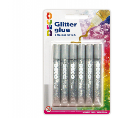 Blister colla glitter - 10,5 ml - argento - conf. 6 pezzi - Deco - 05884 - 8004957058840 - DMwebShop