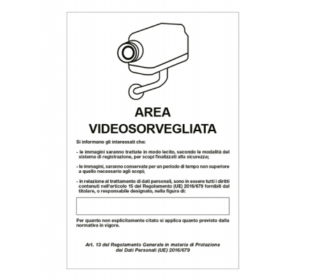 Cartello segnalatore - 20 x 30 cm - AREA VIDEOSORVEGLIATA CON REGISTRAZIONE - alluminio - Cartelli Segnalatori - 33328 - 8769253332116 - DMwebShop