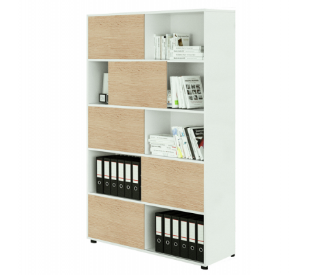 Libreria alta Tetris a 5 ripiani ante scorrevoli - 120 x 35 x 191 cm - bianco-rovere - Artexport - 17060/3C - DMwebShop