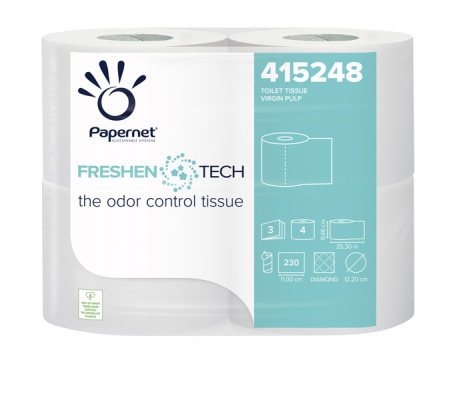 Carta igienica classica Freshen Tech - 3 veli - 15,5 gr - Ø 12,2 cm 9,5 cm x 25,3 mt - 230 strappi - pacco 4 rotoli - Papernet - 415248 - 8024929252489 - DMwebShop