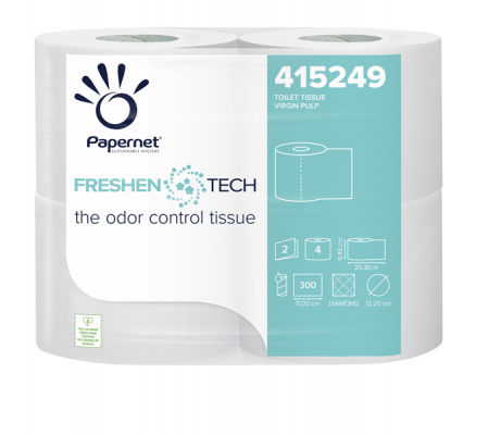 Carta igienica classica Freshen Tech - 2 veli - Ø 12,2 cm - 9,5 cm x 33,3 mt - 300 strappi - pacco 4 rotoli - Papernet - 415249 - 8024929252496 - DMwebShop