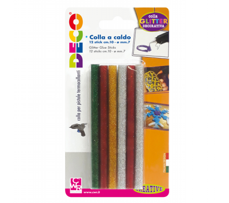 Colle stick per pistole mini glitter assortiti - Ø 7mm - lunghezza 10 cm - conf. 12 pezzi - Deco - 12071 - 8004957120714 - DMwebShop