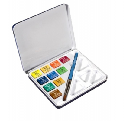 Acquerelli Aquafine - colori assortiti - scatola metallo 10 acquerelli + pennello + tavolozza - Daler Rowney - D131900910 - 5011386094205 - DMwebShop