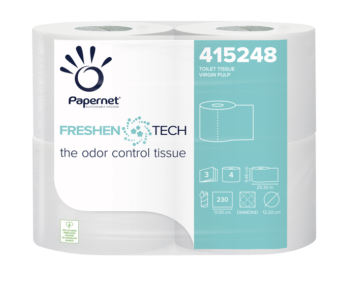 Carta igienica classica Freshen Tech - 3 veli - 15,5 gr - Ø 12,2 cm 9,5 cm  x 25,3 mt - 230 strappi - pacco 4 rotoli - Papernet - 415248 - 8024929252489